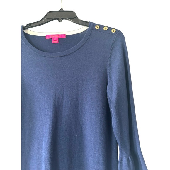 Lily Pulitzer Navy Blue Pullover Sweater 3/4 Bell Sleeve Gold Detail Size Medium - Picture 3 of 10